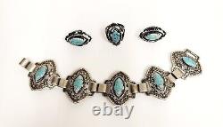 RARE Vintage 1940's Sterling Silver Mexico Hubbell Glass Bracelet Ring Earrings