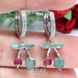 RED RUBY, GREEN EMERALD & WHITE cubic zirconia EARRINGS 925 STERLING SILVER