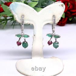 RED RUBY, GREEN EMERALD & WHITE cubic zirconia EARRINGS 925 STERLING SILVER