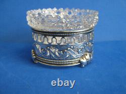 ROUND CUT GLASS OPEN SALT CELLAR in STERLING SILVER PERFORATED HOLDER, c1910