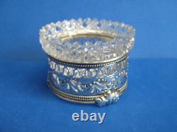 ROUND CUT GLASS OPEN SALT CELLAR in STERLING SILVER PERFORATED HOLDER, c1910