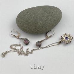 Rare 1930's Sterling Silver Iris Glass Rheinkiesel Pendant Necklace & Earrings