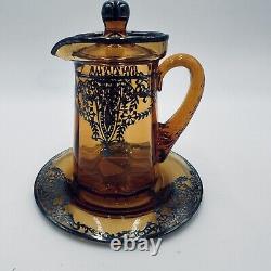 Rare Amber Pitcher Saucer Sterling Silver Overlay Glass Lidded