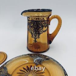 Rare Amber Pitcher Saucer Sterling Silver Overlay Glass Lidded