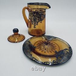 Rare Amber Pitcher Saucer Sterling Silver Overlay Glass Lidded