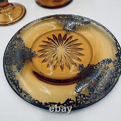 Rare Amber Pitcher Saucer Sterling Silver Overlay Glass Lidded