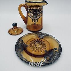 Rare Amber Pitcher Saucer Sterling Silver Overlay Glass Lidded