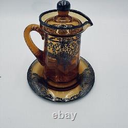 Rare Amber Pitcher Saucer Sterling Silver Overlay Glass Lidded