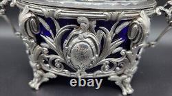 Rare Antique 1887 France Sterling Silver & Cobalt Blue Glass Sugar Bowl, 308 g