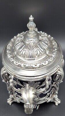 Rare Antique 1887 France Sterling Silver & Cobalt Blue Glass Sugar Bowl, 308 g