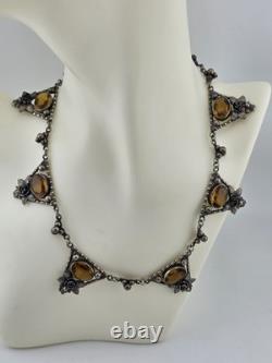 Rare Antique 1920's Art deco Sterling Silver Amber Facet Glass Filigree Necklace