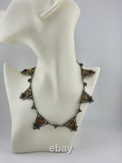 Rare Antique 1920's Art deco Sterling Silver Amber Facet Glass Filigree Necklace
