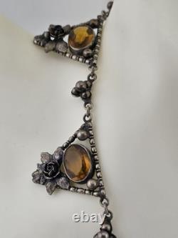 Rare Antique 1920's Art deco Sterling Silver Amber Facet Glass Filigree Necklace