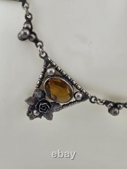 Rare Antique 1920's Art deco Sterling Silver Amber Facet Glass Filigree Necklace