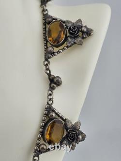 Rare Antique 1920's Art deco Sterling Silver Amber Facet Glass Filigree Necklace