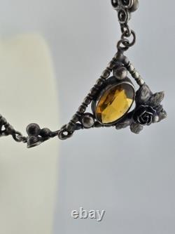Rare Antique 1920's Art deco Sterling Silver Amber Facet Glass Filigree Necklace