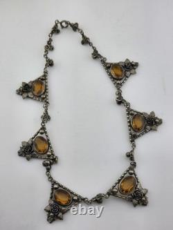Rare Antique 1920's Art deco Sterling Silver Amber Facet Glass Filigree Necklace