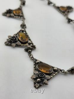 Rare Antique 1920's Art deco Sterling Silver Amber Facet Glass Filigree Necklace