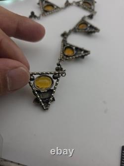 Rare Antique 1920's Art deco Sterling Silver Amber Facet Glass Filigree Necklace
