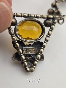Rare Antique 1920's Art deco Sterling Silver Amber Facet Glass Filigree Necklace