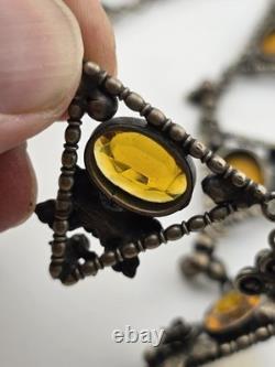 Rare Antique 1920's Art deco Sterling Silver Amber Facet Glass Filigree Necklace
