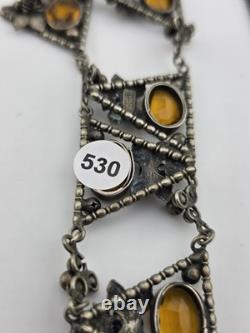 Rare Antique 1920's Art deco Sterling Silver Amber Facet Glass Filigree Necklace