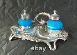 Rare Antique 19th Century Austrian Sterling Silver & Blue Milk Glass Inkwell