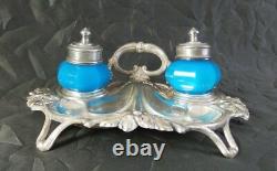 Rare Antique 19th Century Austrian Sterling Silver & Blue Milk Glass Inkwell