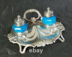 Rare Antique 19th Century Austrian Sterling Silver & Blue Milk Glass Inkwell