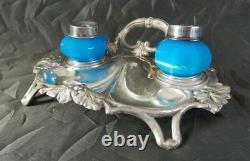 Rare Antique 19th Century Austrian Sterling Silver & Blue Milk Glass Inkwell