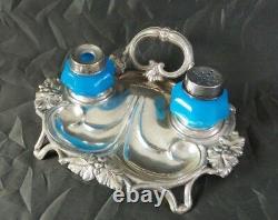 Rare Antique 19th Century Austrian Sterling Silver & Blue Milk Glass Inkwell