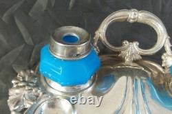 Rare Antique 19th Century Austrian Sterling Silver & Blue Milk Glass Inkwell