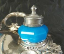 Rare Antique 19th Century Austrian Sterling Silver & Blue Milk Glass Inkwell