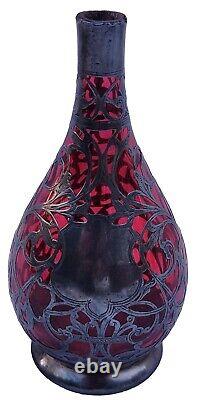 Rare Antique Sterling Silver Overlay 6 Cranberry Ruby Glass 6 Vase Hallmarked