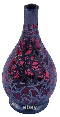 Rare Antique Sterling Silver Overlay 6 Cranberry Ruby Glass 6 Vase Hallmarked