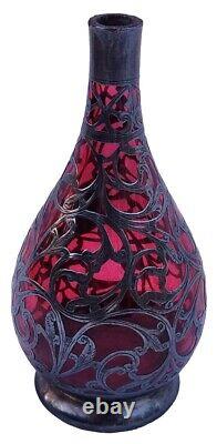 Rare Antique Sterling Silver Overlay 6 Cranberry Ruby Glass 6 Vase Hallmarked