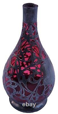 Rare Antique Sterling Silver Overlay 6 Cranberry Ruby Glass 6 Vase Hallmarked