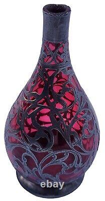 Rare Antique Sterling Silver Overlay 6 Cranberry Ruby Glass 6 Vase Hallmarked