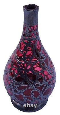Rare Antique Sterling Silver Overlay 6 Cranberry Ruby Glass 6 Vase Hallmarked