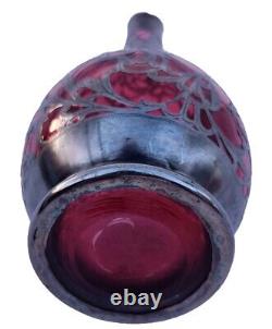 Rare Antique Sterling Silver Overlay 6 Cranberry Ruby Glass 6 Vase Hallmarked