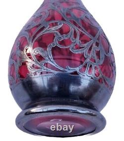 Rare Antique Sterling Silver Overlay 6 Cranberry Ruby Glass 6 Vase Hallmarked