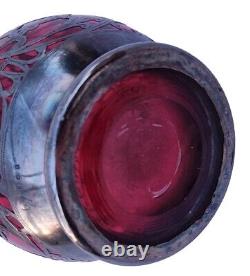 Rare Antique Sterling Silver Overlay 6 Cranberry Ruby Glass 6 Vase Hallmarked