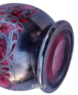 Rare Antique Sterling Silver Overlay 6 Cranberry Ruby Glass 6 Vase Hallmarked