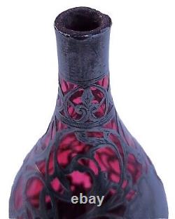 Rare Antique Sterling Silver Overlay 6 Cranberry Ruby Glass 6 Vase Hallmarked