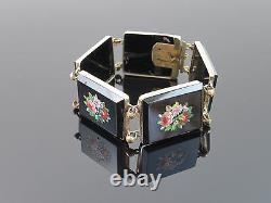 Rare Antique Victorian 1850 Micro Mosaic Floral French Silver Bracelet, 39.8g
