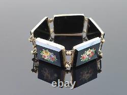 Rare Antique Victorian 1850 Micro Mosaic Floral French Silver Bracelet, 39.8g