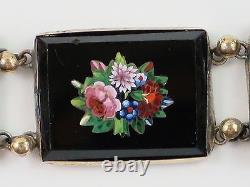 Rare Antique Victorian 1850 Micro Mosaic Floral French Silver Bracelet, 39.8g