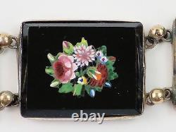 Rare Antique Victorian 1850 Micro Mosaic Floral French Silver Bracelet, 39.8g