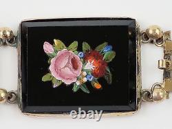 Rare Antique Victorian 1850 Micro Mosaic Floral French Silver Bracelet, 39.8g