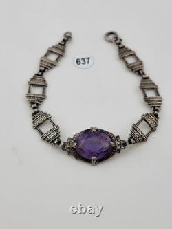 Rare Antique Victorian Czech Purple Glass Sterling Silver Bracelet 7 1/8 In